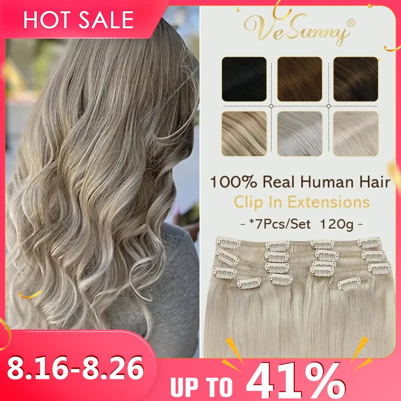 VeSunny Clip in Hair Extensions Human Hair Double Weft Remy Wigs 7pcs Clip on Extensions Dark Brown Blonde 100g Brazilian Hair