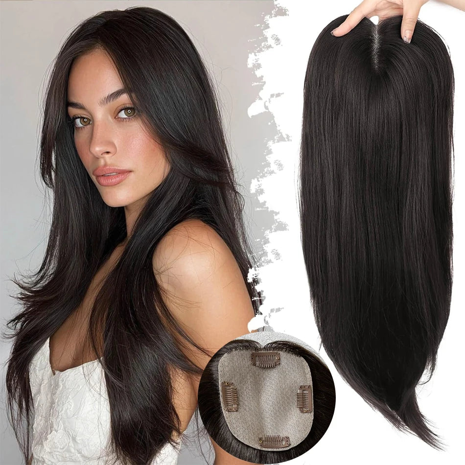 100% Human Hair Toppers for Women- 10/12 cm Silk Base Virgin Remy Hair Toppers 65-70 Grams Clip in Hair Toupee for Thinning Hair