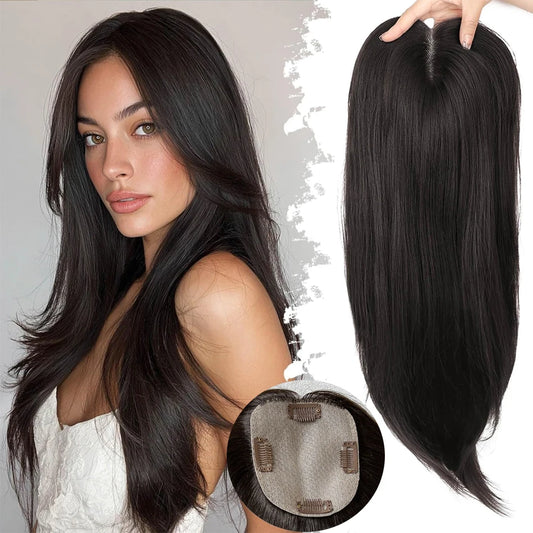 100% Human Hair Toppers for Women- 10/12 cm Silk Base Virgin Remy Hair Toppers 65-70 Grams Clip in Hair Toupee for Thinning Hair