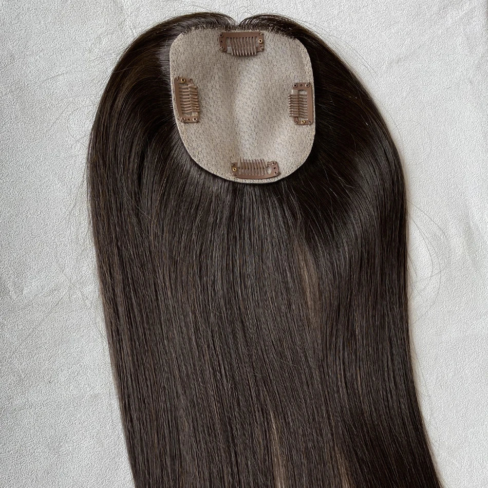 100% Human Hair Toppers for Women- 10/12 cm Silk Base Virgin Remy Hair Toppers 65-70 Grams Clip in Hair Toupee for Thinning Hair