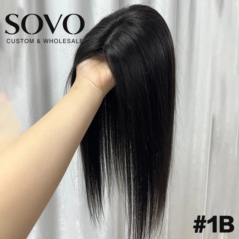 Highlight Straight Human Hair Topper for Women -10x12CM, Skin Base Hair Piece with 4 Clips, Breathable Real Human Hair