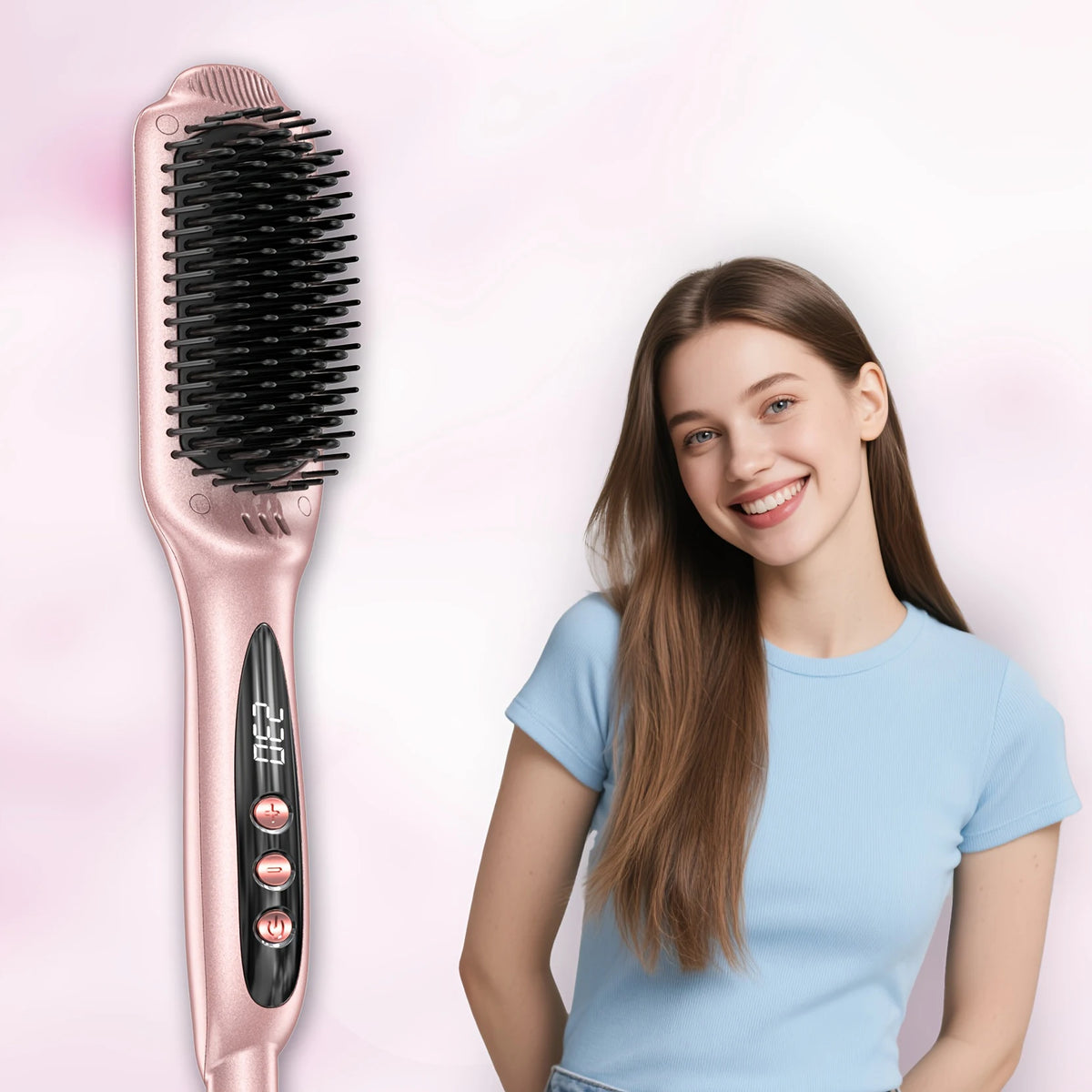 LANDOT Hair Straightener Brush Heats up in 30 seconds Anti-Scald Hot Comb with Ionic Ceramic Bristles, Salon-Smooth & Frizz-Free Results