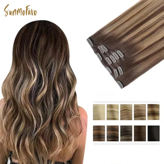 Sunmofavo Clip In Human Hair Extensions 100% Remy Straight Hair Natural Light Brown Honey Ombre 5Pcs 70g Clip On Hairpieces