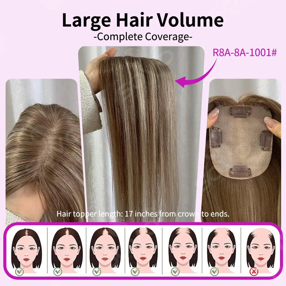 Highlight Straight Human Hair Topper for Women -10x12CM, Skin Base Hair Piece with 4 Clips, Breathable Real Human Hair