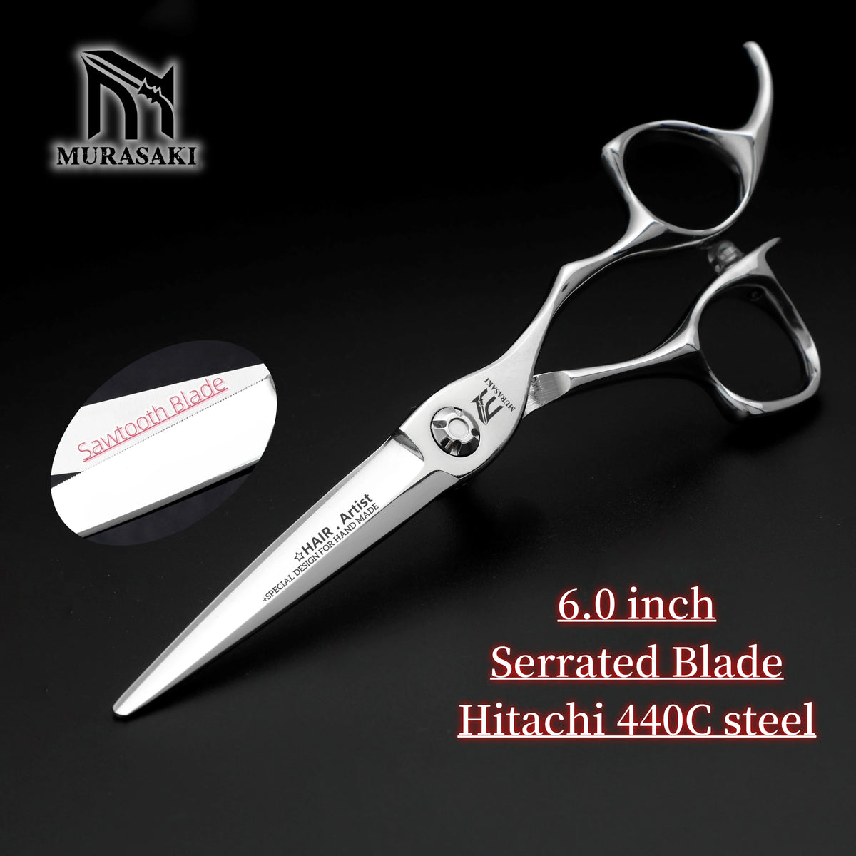 MURASAKI Professional Barber Scissors，6.0 Inch Japanese 440C Steel Hairdressing Scissors，Salon High-Quality Hair Cutting Tools